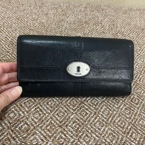 Fossil Maddox Marlow Leather Trifold Flap Clutch Wallet  Black Vintage